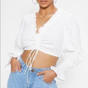 Pretty Little Thing White Cropped Ruched Lace Top
